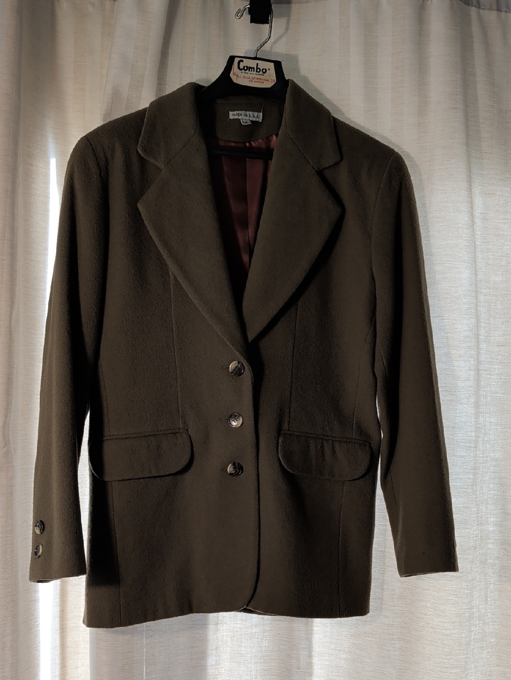 Wool-Blend Dark Olive Blazer with Notch Lapel